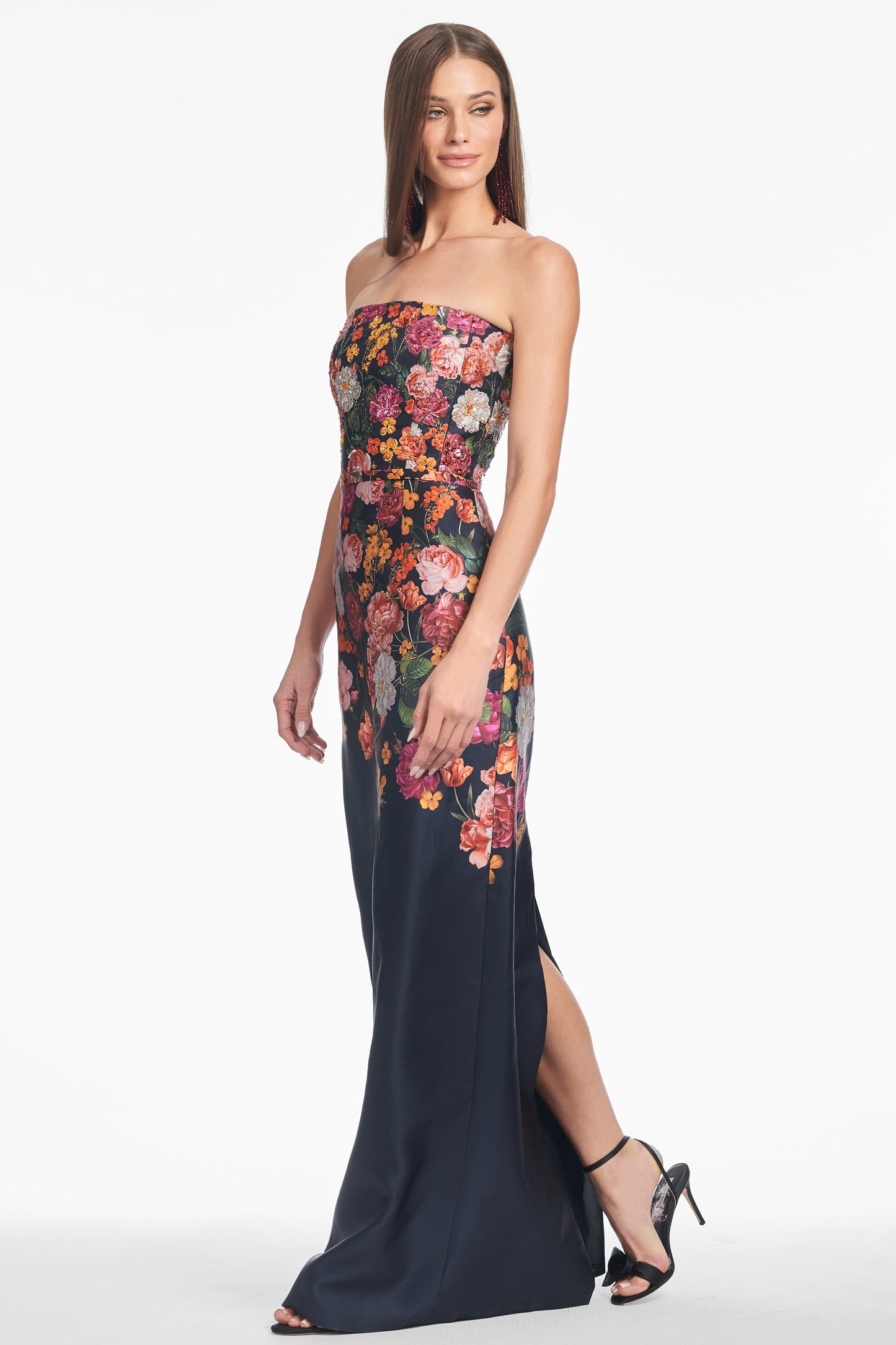 Floral Print Strapless Column Evening Gown with Contrast Solid Skirt