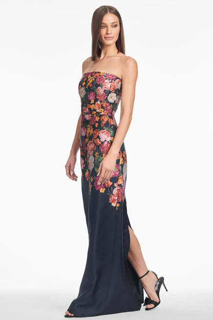 Floral Print Strapless Column Evening Gown with Contrast Solid Skirt