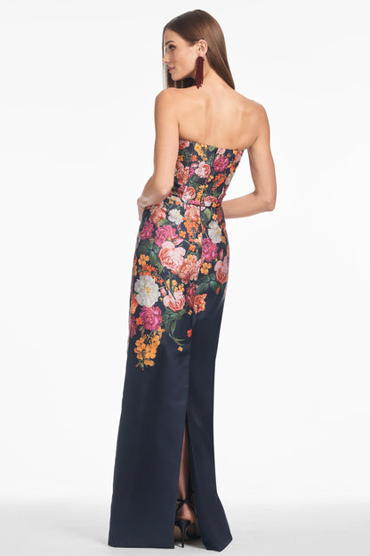 Floral Print Strapless Column Evening Gown with Contrast Solid Skirt