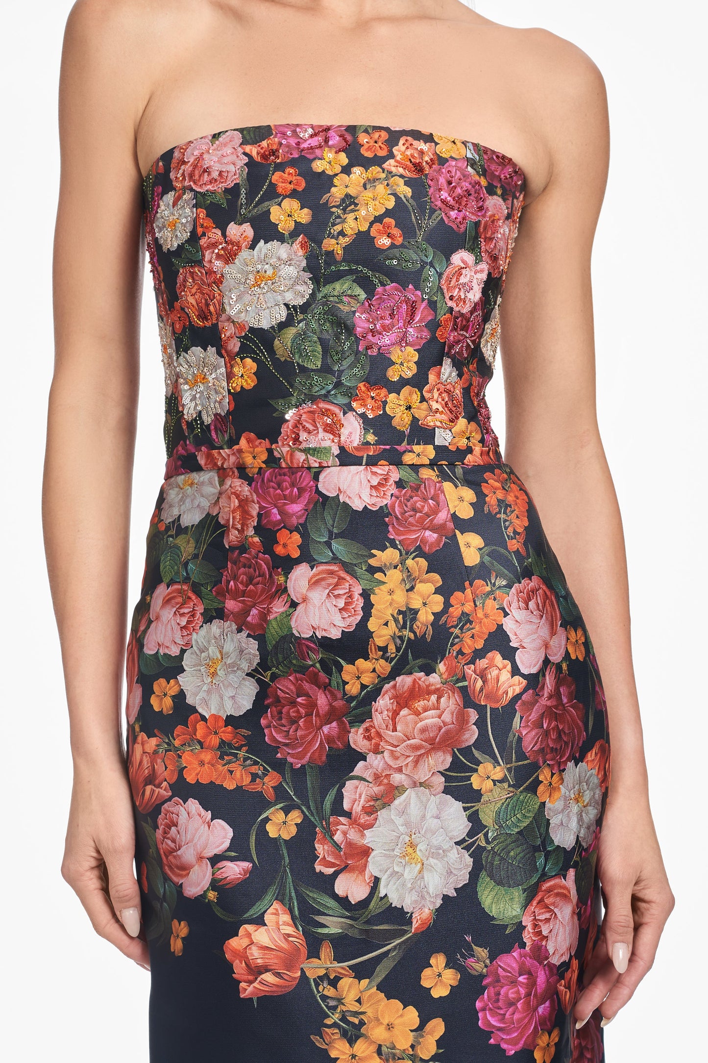 Floral Print Strapless Column Evening Gown with Contrast Solid Skirt