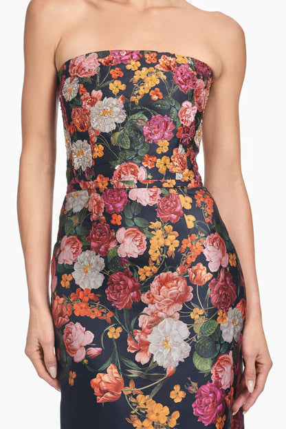 Floral Print Strapless Column Evening Gown with Contrast Solid Skirt