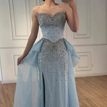 Luxury Blue Crystal Beaded Mermaid Evening Dress with Overskirt