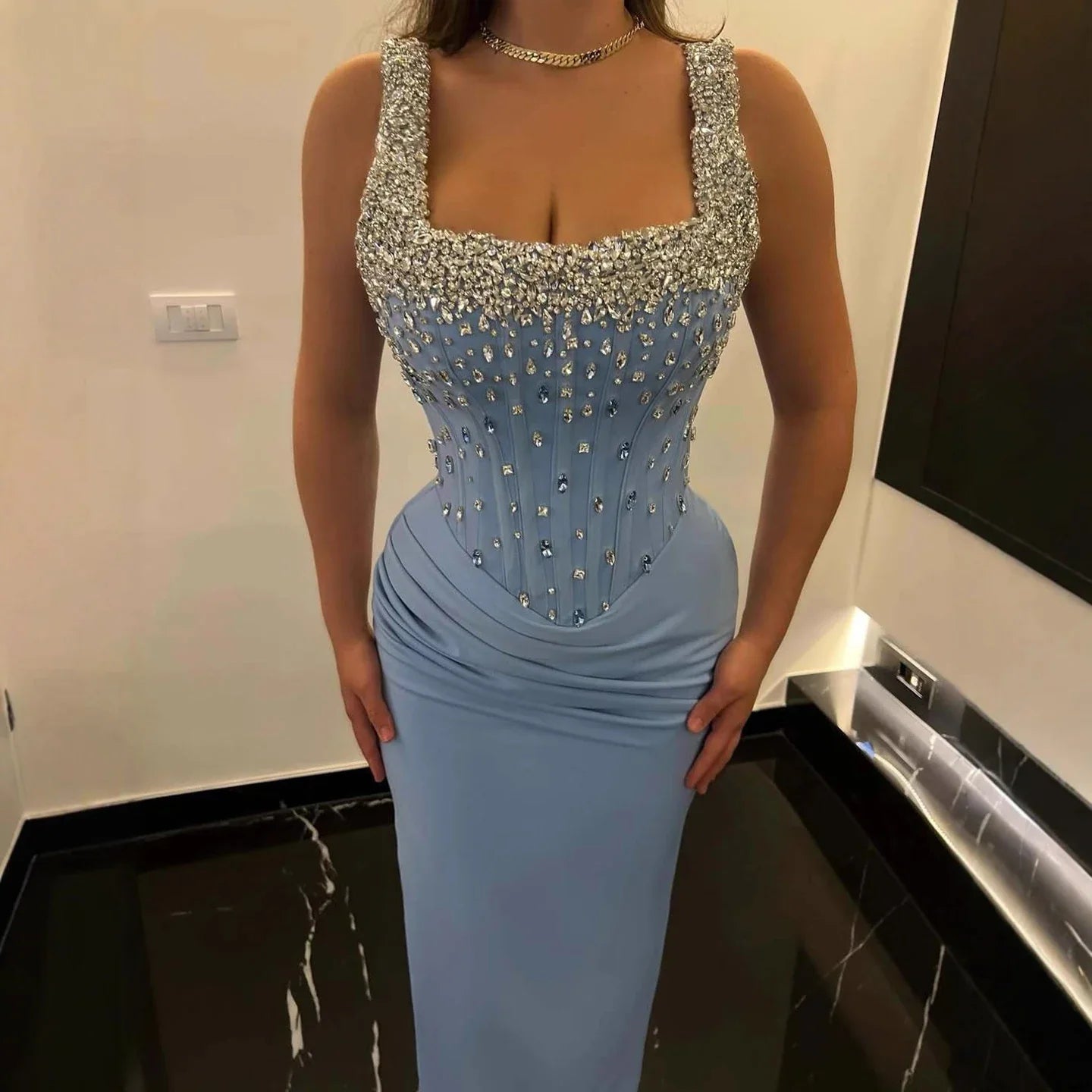Luxury Blue Crystal Square Neck Corset Mermaid Evening Dress