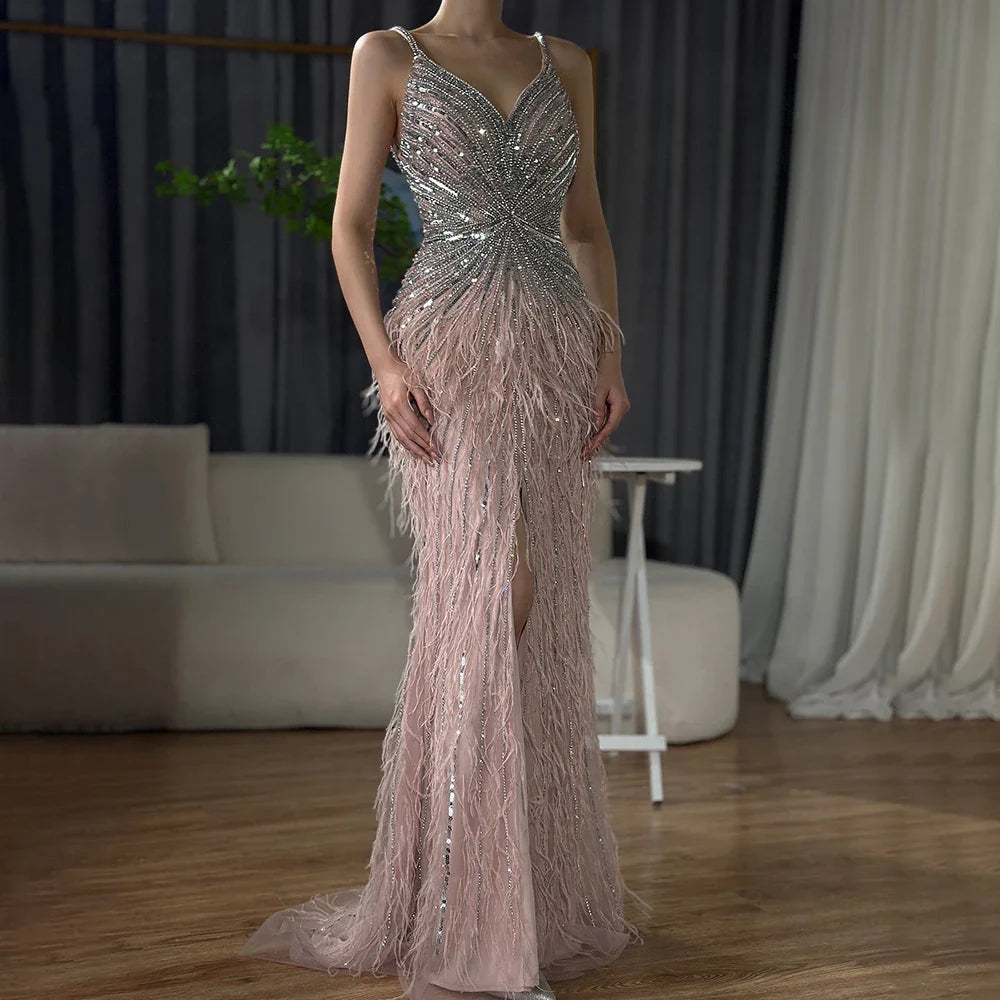 Luxury Classy blue Feathers Beaded Mermaid Prom Dress with Split