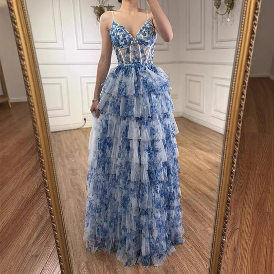 Spaghetti straps blue print floral Ruffle prom dress