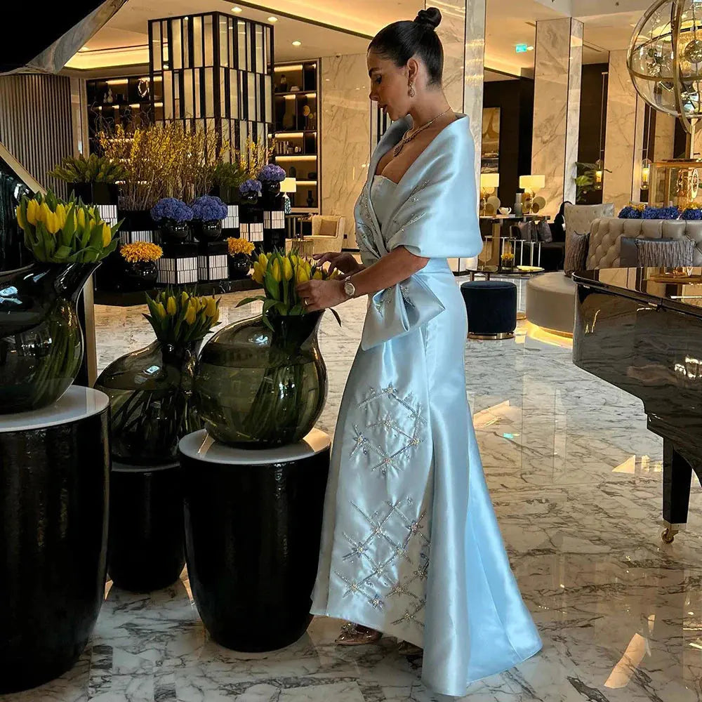 Luxury Blue Mermaid Evening Dress with Beaded Cape Shawl