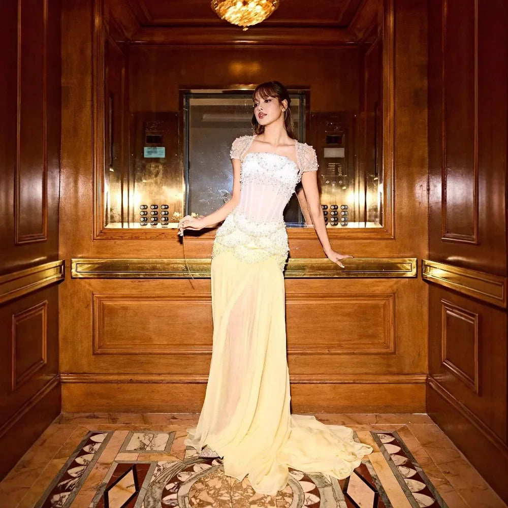 Luxury Yellow Pearls A-Line Evening Dress with Flowing Coat