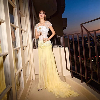 Luxury Yellow Pearls A-Line Evening Dress with Flowing Coat