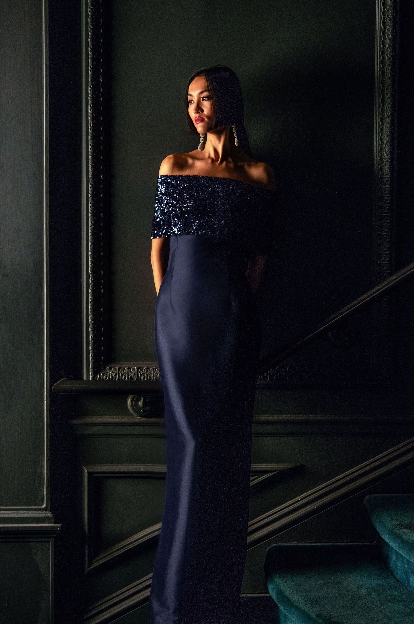 Navy Blue Sequin Off-the-Shoulder Maxi Dress