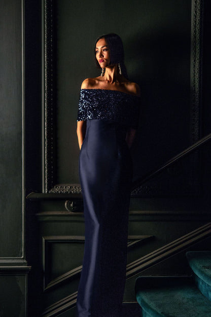 Navy Blue Sequin Off-the-Shoulder Maxi Dress