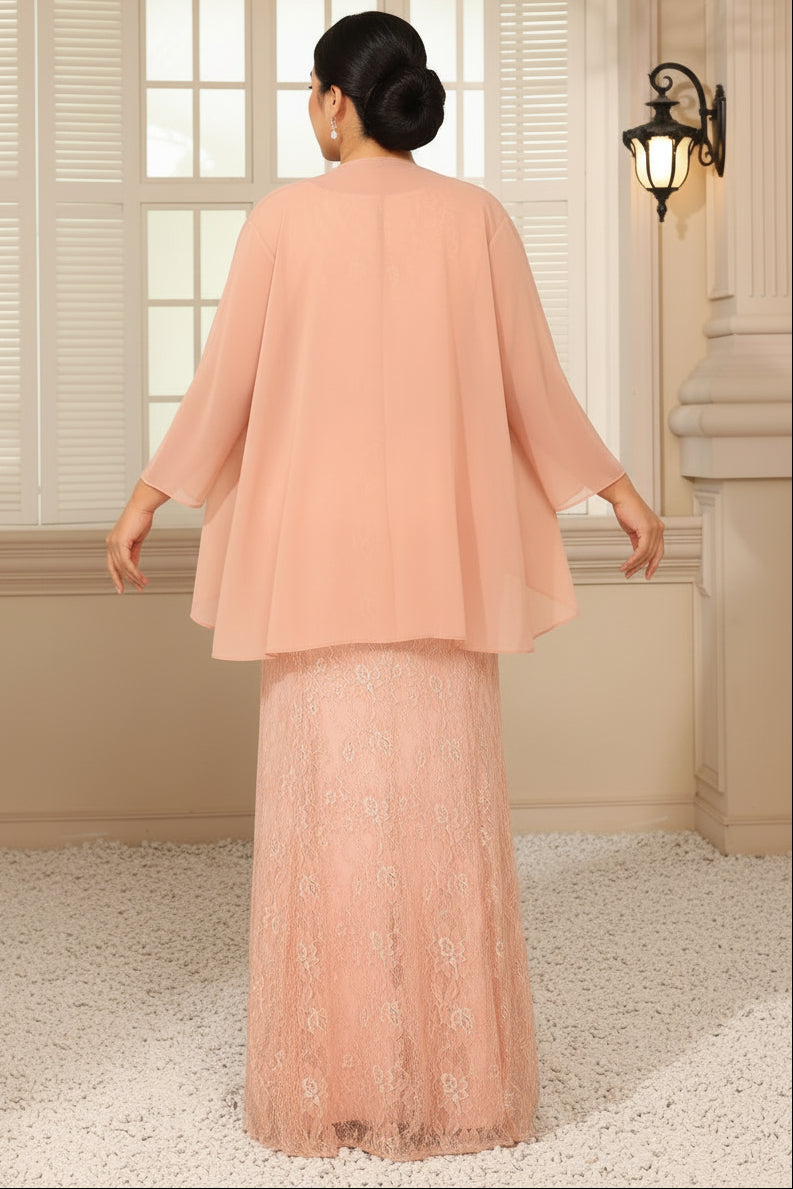 Column Lace Appliques Two-Piece Floor-Length Mother of the Bride Dress