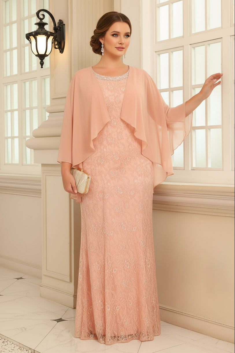 Column Lace Appliques Two-Piece Floor-Length Mother of the Bride Dress