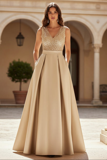 A-Line V-Neck Pleated Satin Evening Dresses Sequins Formal Gowns