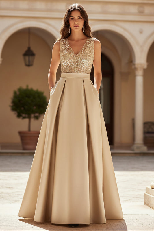A-Line V-Neck Pleated Satin Evening Dresses Sequins Formal Gowns