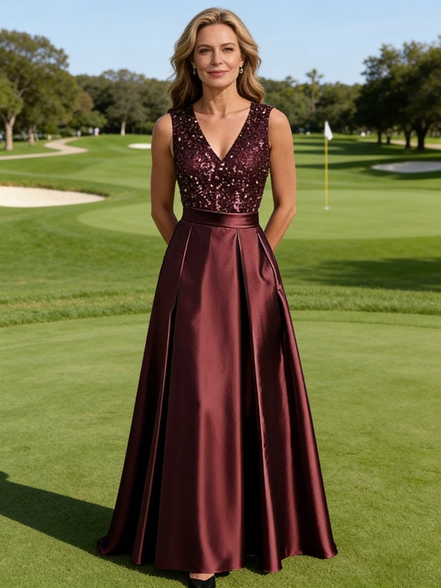 A-Line V-Neck Pleated Satin Evening Dresses Sequins Formal Gowns
