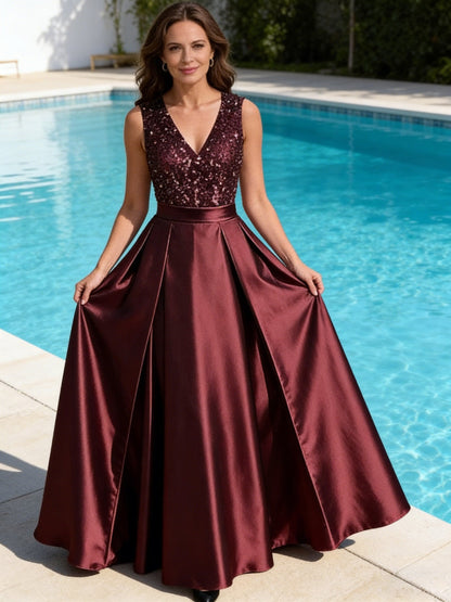 A-Line V-Neck Pleated Satin Evening Dresses Sequins Formal Gowns
