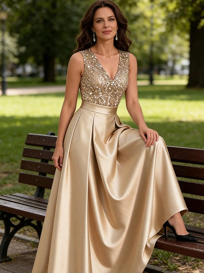 A-Line V-Neck Pleated Satin Evening Dresses Sequins Formal Gowns