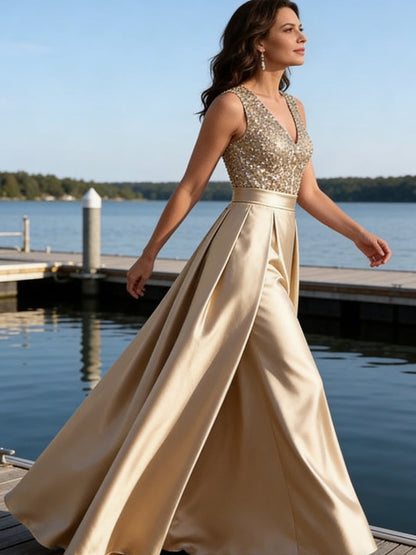 A-Line V-Neck Pleated Satin Evening Dresses Sequins Formal Gowns