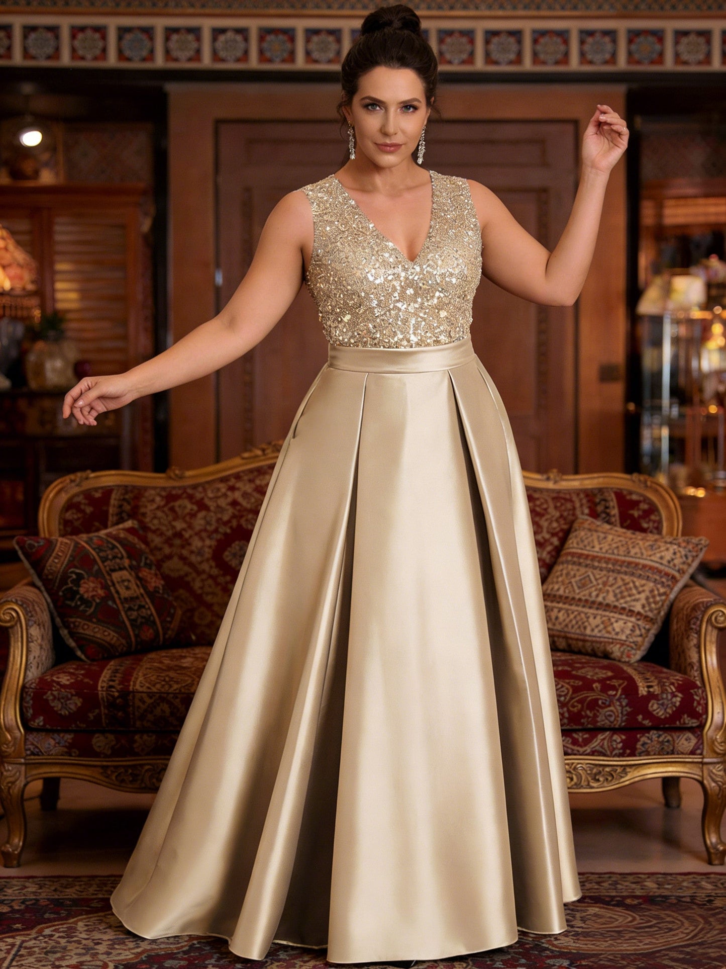A-Line V-Neck Pleated Satin Evening Dresses Sequins Formal Gowns