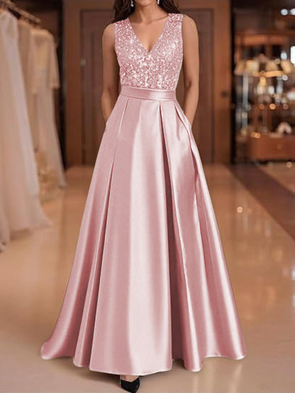 A-Line V-Neck Pleated Satin Evening Dresses Sequins Formal Gowns