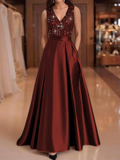 A-Line V-Neck Pleated Satin Evening Dresses Sequins Formal Gowns
