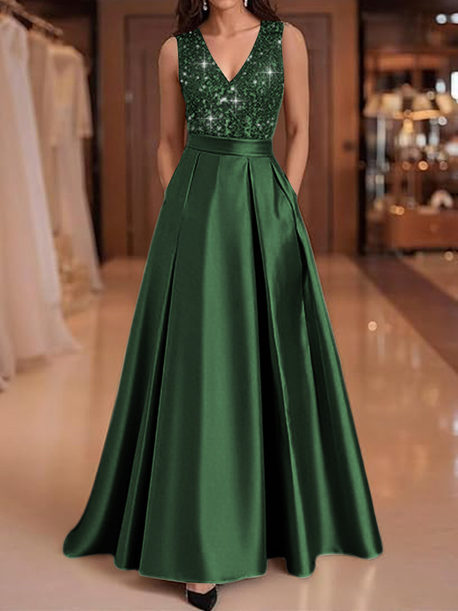 A-Line V-Neck Pleated Satin Evening Dresses Sequins Formal Gowns