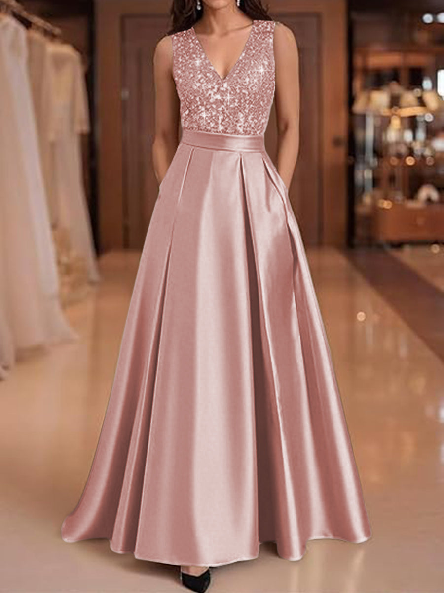 A-Line V-Neck Pleated Satin Evening Dresses Sequins Formal Gowns