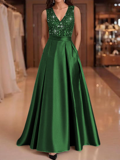 A-Line V-Neck Pleated Satin Evening Dresses Sequins Formal Gowns