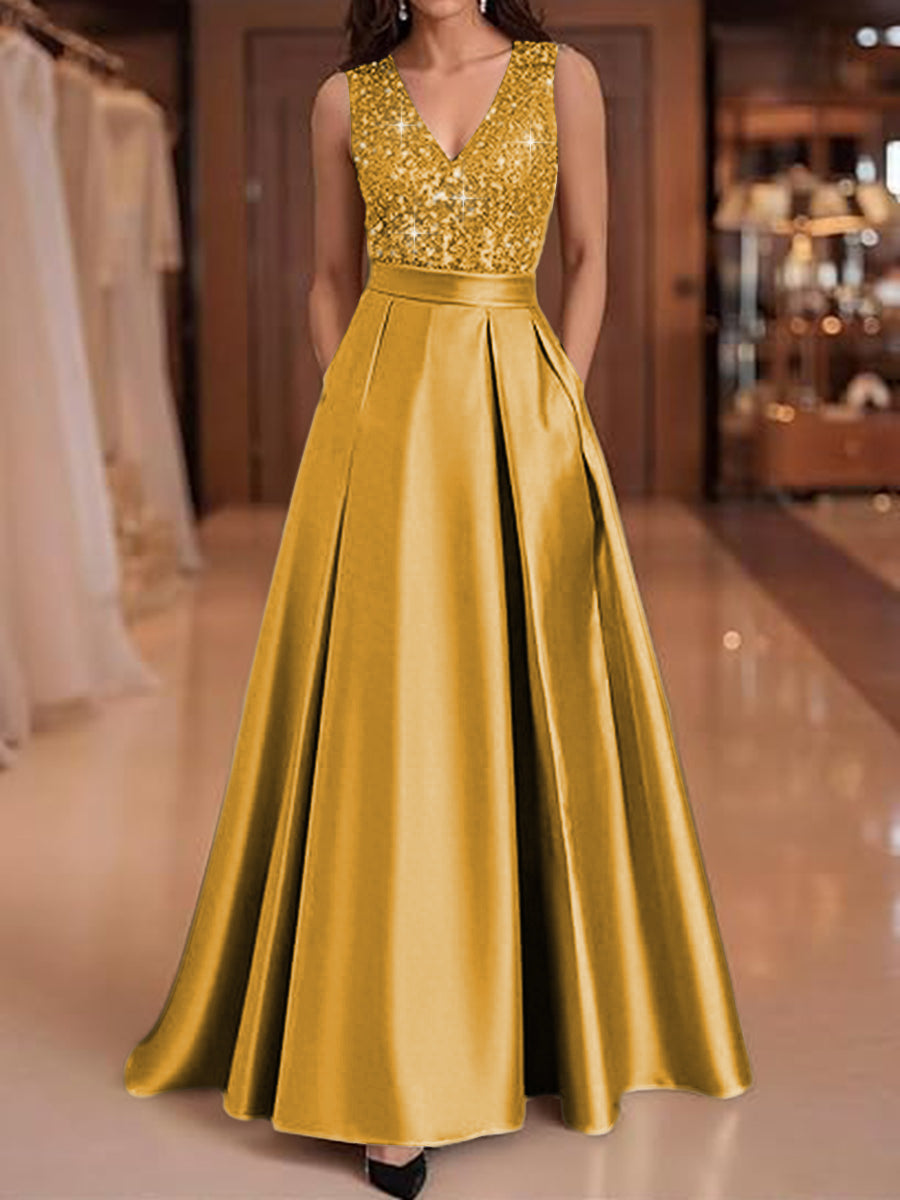 A-Line V-Neck Pleated Satin Evening Dresses Sequins Formal Gowns