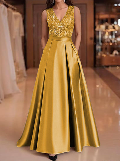 A-Line V-Neck Pleated Satin Evening Dresses Sequins Formal Gowns