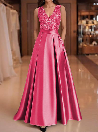 A-Line V-Neck Pleated Satin Evening Dresses Sequins Formal Gowns