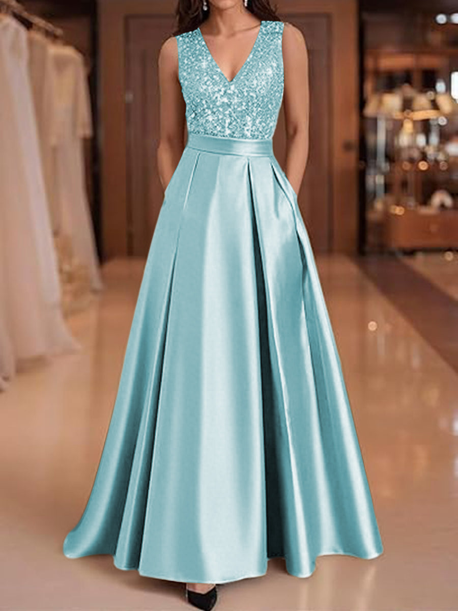 A-Line V-Neck Pleated Satin Evening Dresses Sequins Formal Gowns