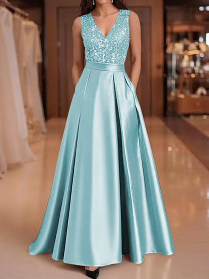 A-Line V-Neck Pleated Satin Evening Dresses Sequins Formal Gowns