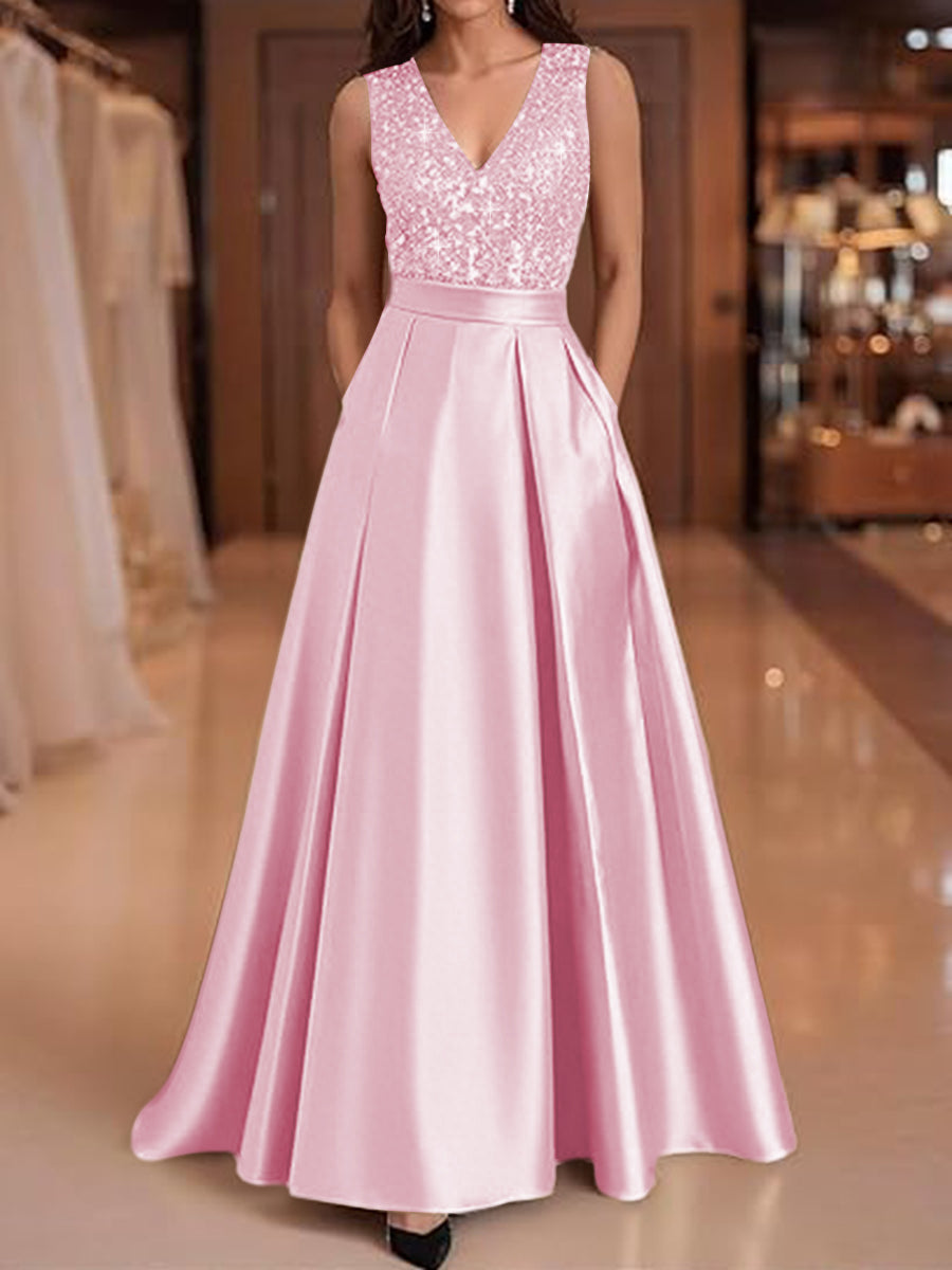 A-Line V-Neck Pleated Satin Evening Dresses Sequins Formal Gowns