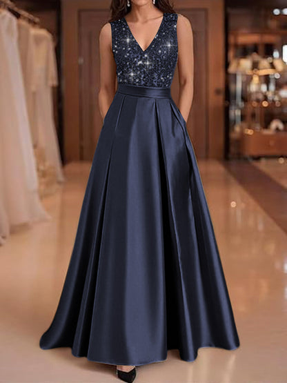 A-Line V-Neck Pleated Satin Evening Dresses Sequins Formal Gowns