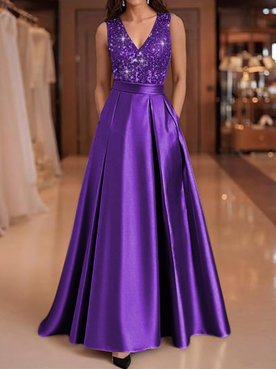 A-Line V-Neck Pleated Satin Evening Dresses Sequins Formal Gowns