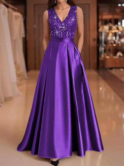 A-Line V-Neck Pleated Satin Evening Dresses Sequins Formal Gowns