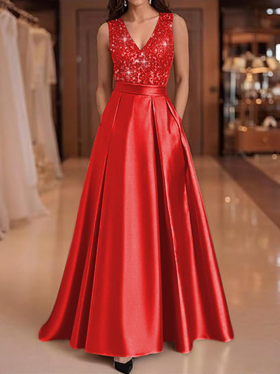 A-Line V-Neck Pleated Satin Evening Dresses Sequins Formal Gowns