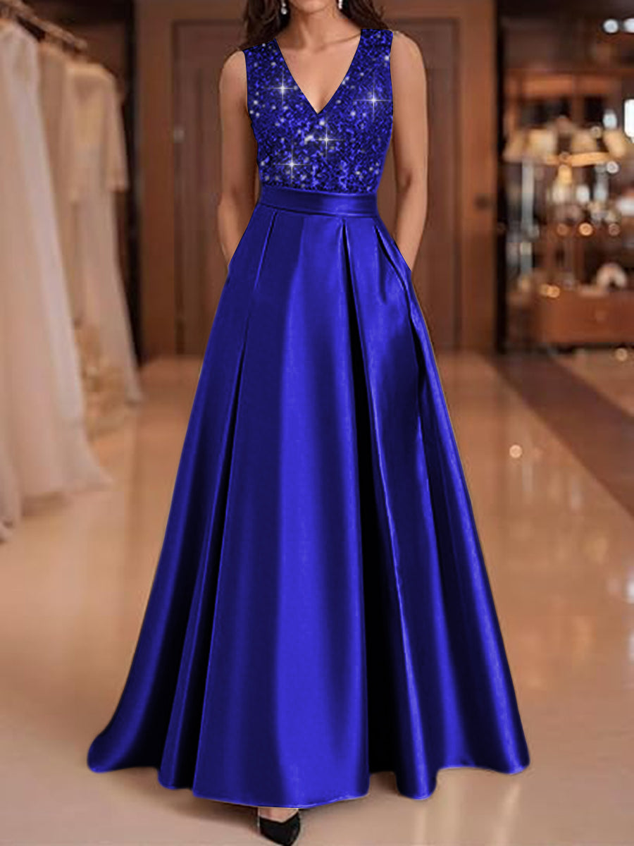 A-Line V-Neck Pleated Satin Evening Dresses Sequins Formal Gowns