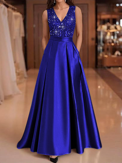A-Line V-Neck Pleated Satin Evening Dresses Sequins Formal Gowns