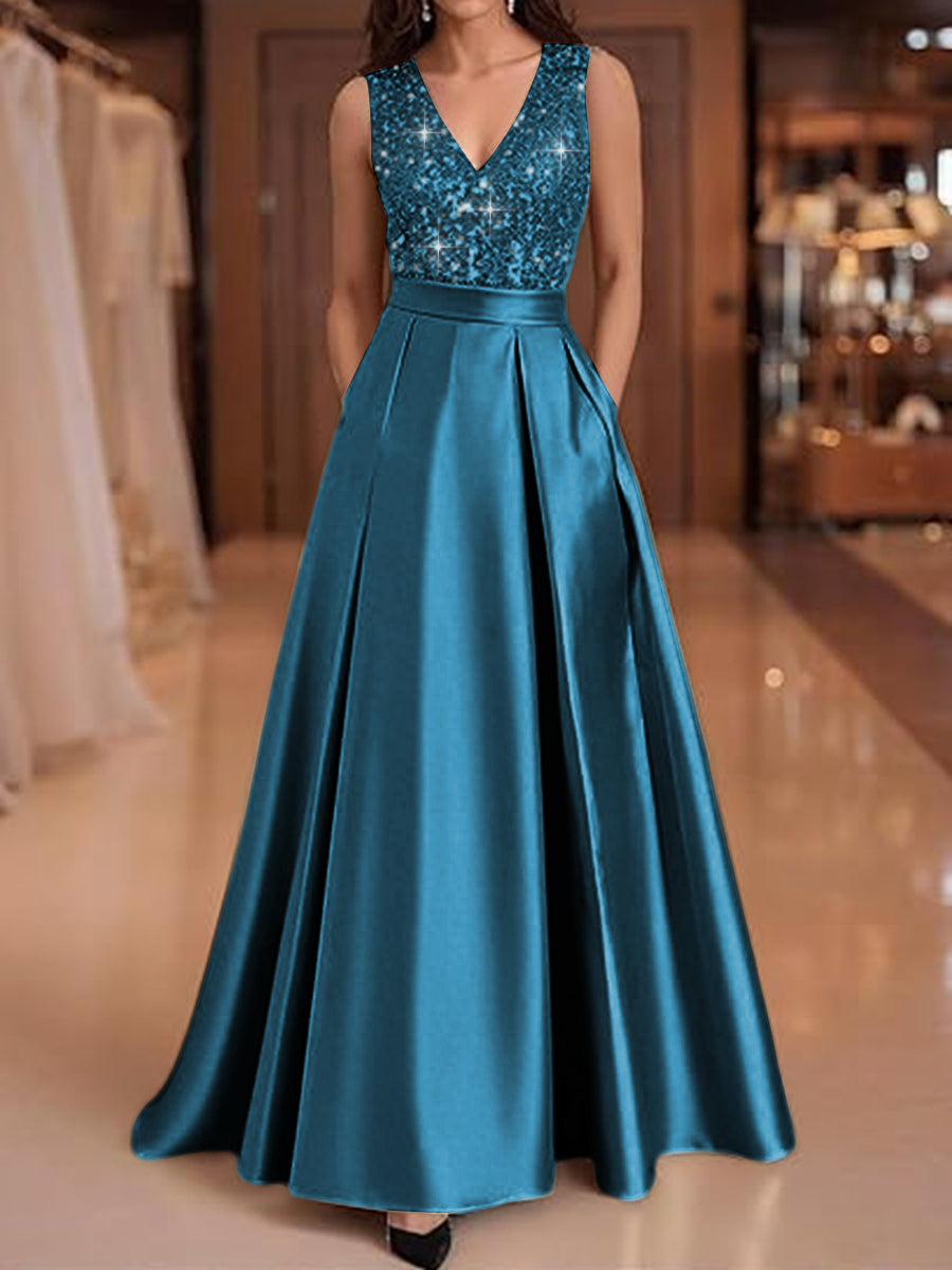 A-Line V-Neck Pleated Satin Evening Dresses Sequins Formal Gowns