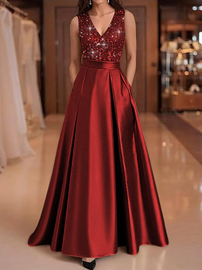 A-Line V-Neck Pleated Satin Evening Dresses Sequins Formal Gowns