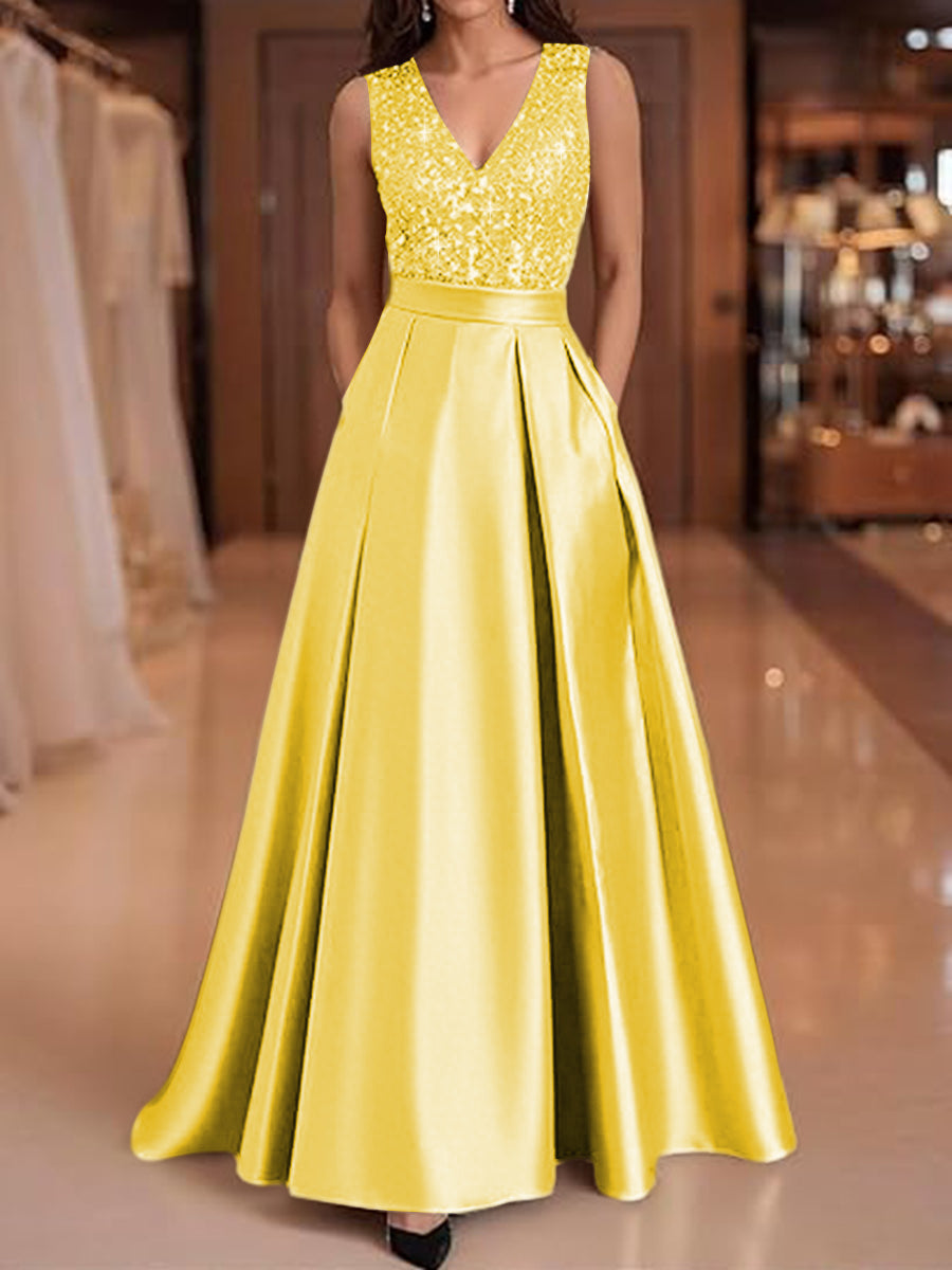 A-Line V-Neck Pleated Satin Evening Dresses Sequins Formal Gowns