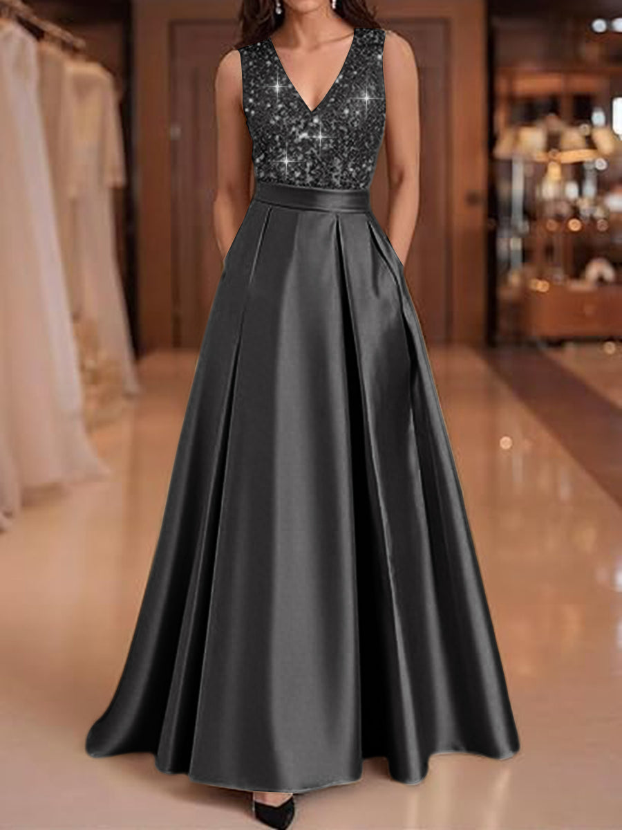 A-Line V-Neck Pleated Satin Evening Dresses Sequins Formal Gowns