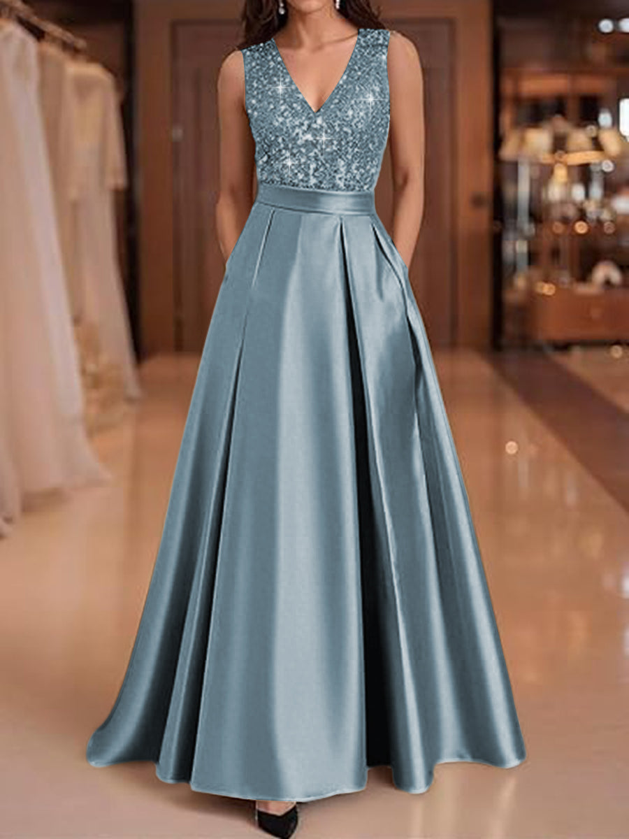 A-Line V-Neck Pleated Satin Evening Dresses Sequins Formal Gowns