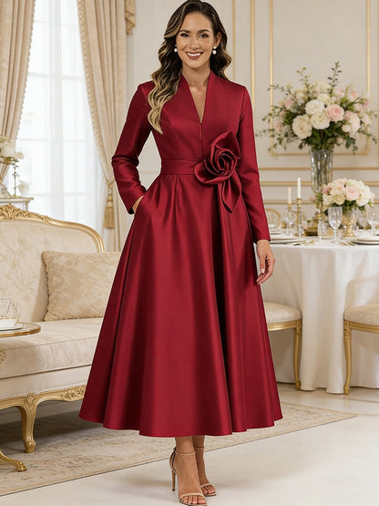 A-Line V-Neck Satin Tea-Length Mother of the Bride Dresses with Flower