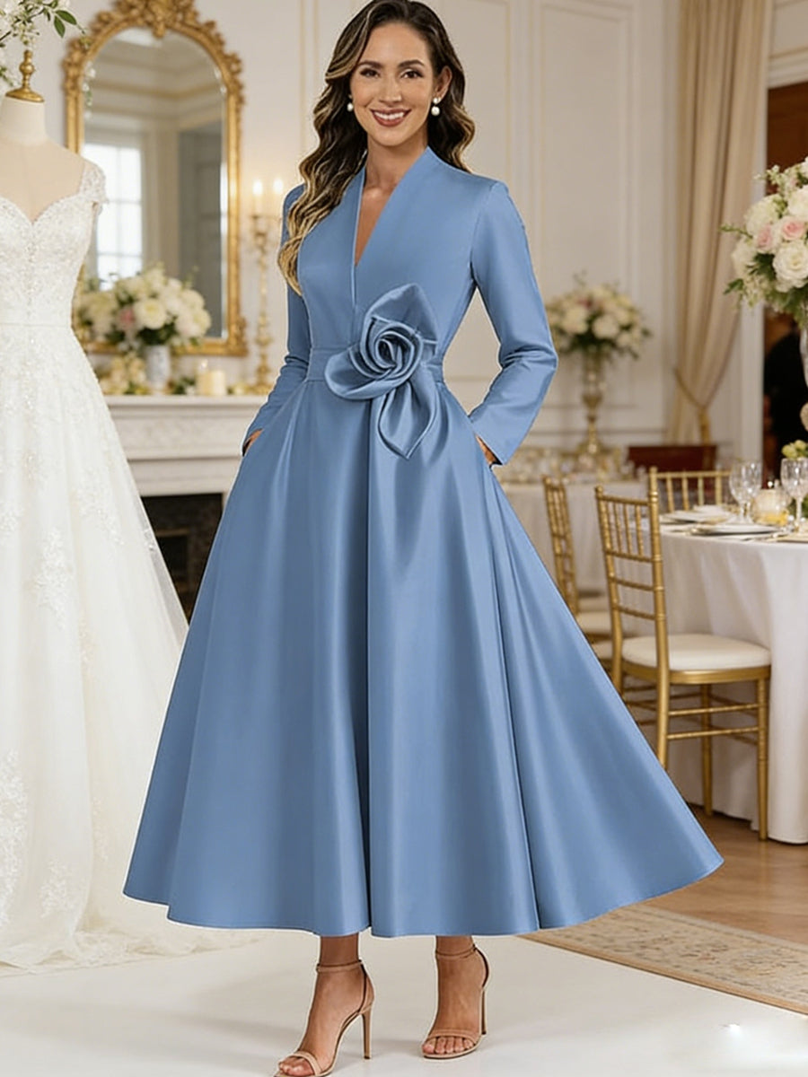A-Line V-Neck Satin Tea-Length Mother of the Bride Dresses with Flower
