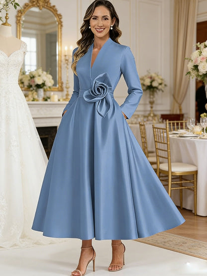 A-Line V-Neck Satin Tea-Length Mother of the Bride Dresses with Flower