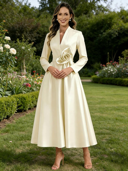 A-Line V-Neck Satin Tea-Length Mother of the Bride Dresses with Flower