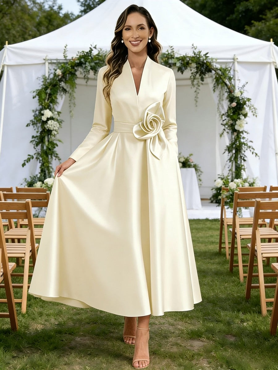 A-Line V-Neck Satin Tea-Length Mother of the Bride Dresses with Flower